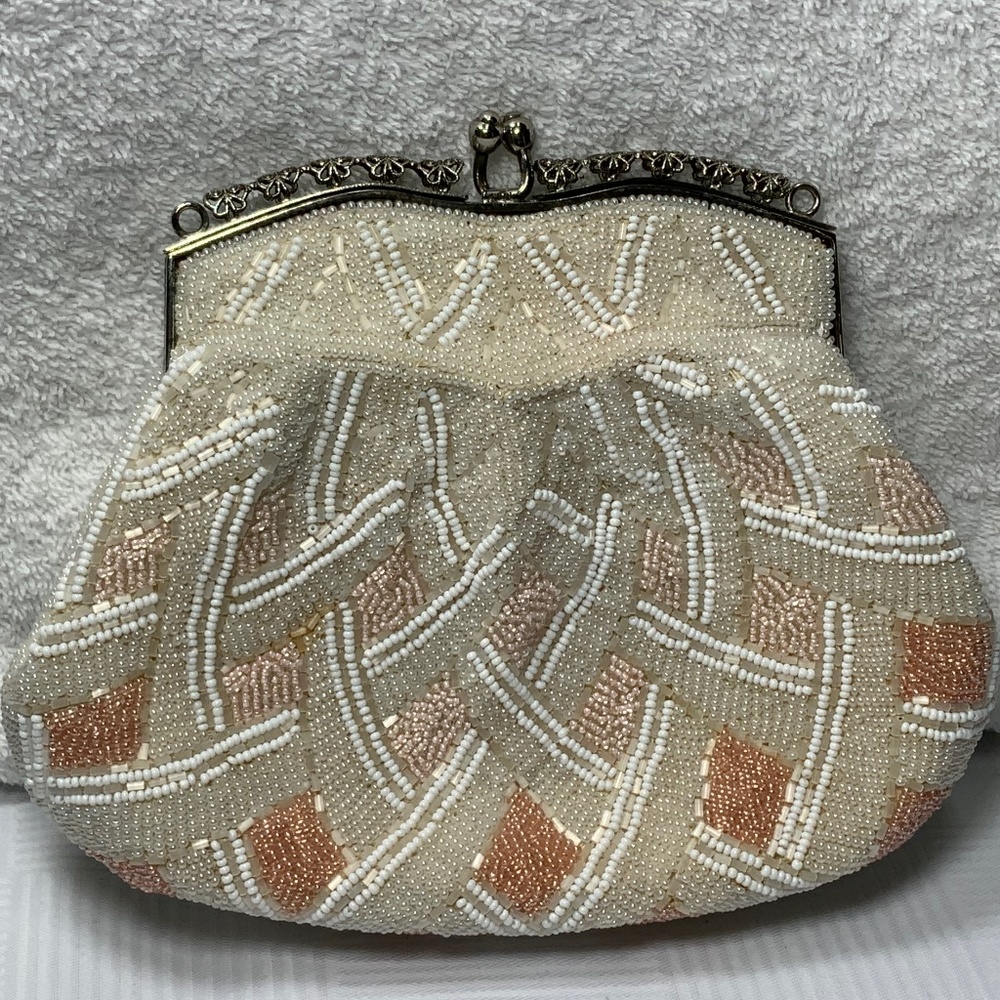 Vintage White and Peach Beaded Evening Wedding Clutch